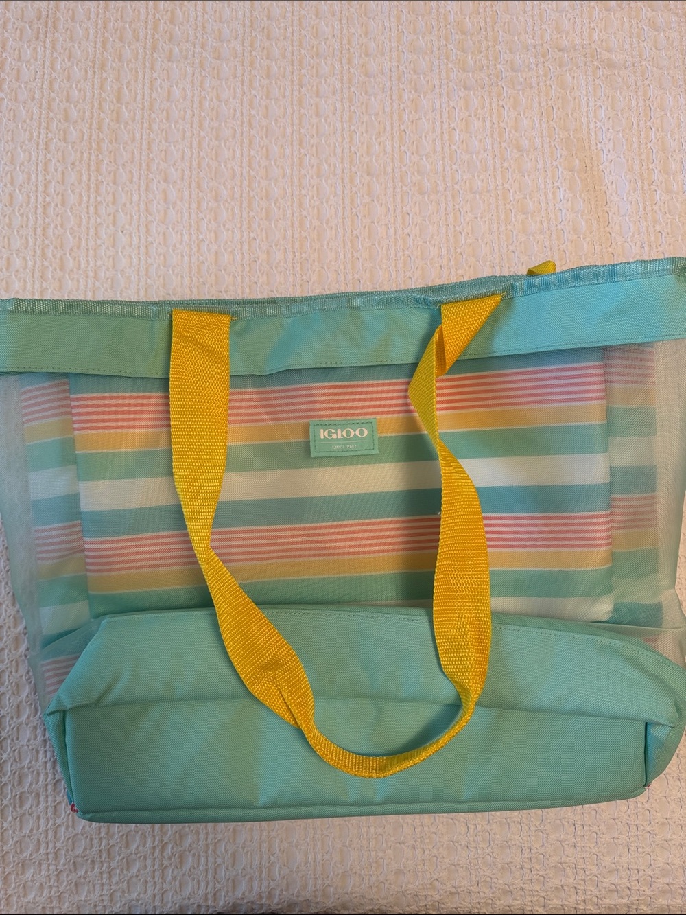 Igloo Mint Tote with Yellow Handles and Pastel Stripes